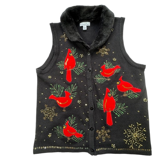 Kim Rogers Jackets & Blazers - Kim Rogers Black Cardinal Sweater Vest Womens Petite M Beaded Faux Fur Christmas